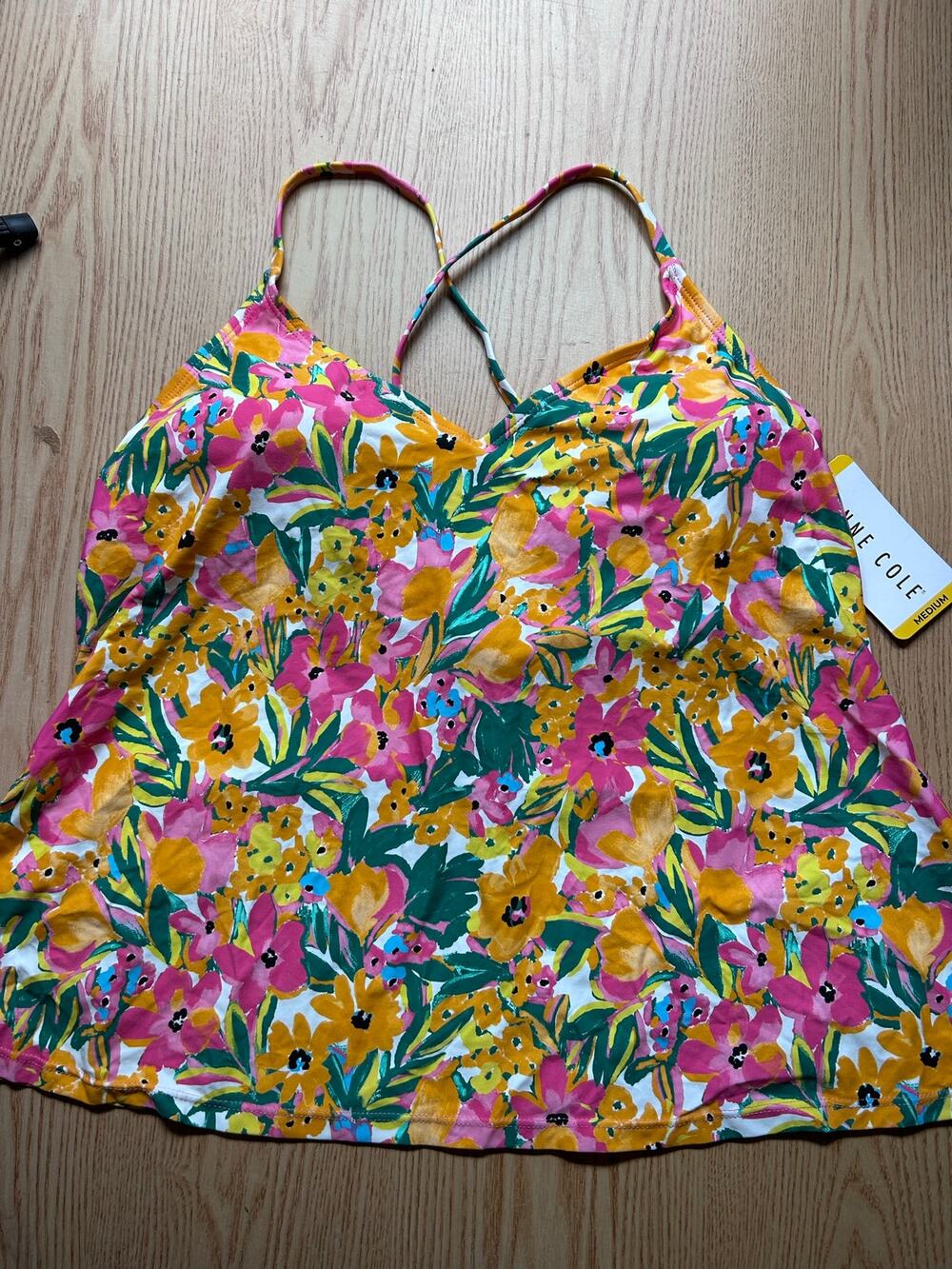 B45 New Women’s Anne Cole Tankini Top Sunshine Floral Orange/Pink size Medium